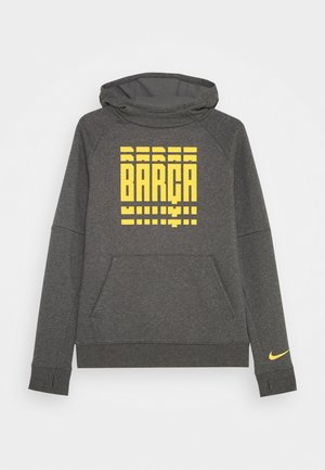 Felpa grigia con tasca frontale, caratterizzata da una grafica gialla "BARÇA". Include un cappuccio e un piccolo logo Nike giallo sulla manica.