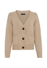 Beige stickad cardigan med V-ringning, tre stora svarta knappar, två frontfickor, långa ärmar och ribbade mudd- och nederkanter.