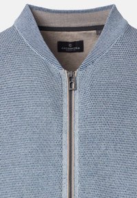 Vaaleansininen teksturoitu bomber-takki, jossa on vetoketjullinen edessä, resorikaulus ja kontrastivärinen beige vuori. Sisällä näkyvä merkkilappu.