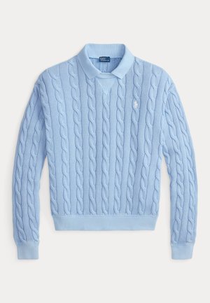 Suéter de punto con cuello polo, manga larga, puños acanalados y logo bordado en el pecho, de color azul claro.