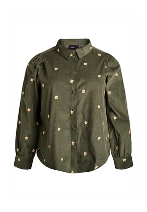Camicia verde oliva a maniche lunghe, con bottoni frontali e ricamo floreale color beige chiaro, dotata di colletto e dettagli arricciati sulle maniche.