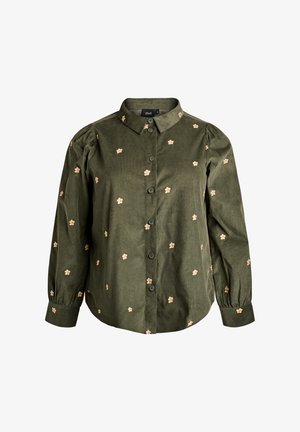 Olijfgroene blouse met lange mouwen, knoopsluiting aan de voorkant en geborduurde bloemen in lichtbeige, met een kraag en geplooide mouwdetails.