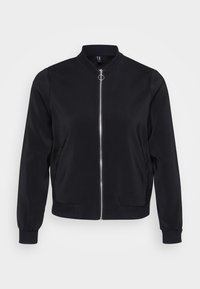 Black bomber jacket with a zip front, ribbed collar and cuffs, and side pockets. Made from smooth fabric for a streamlined look.