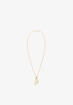 Collier doré avec une chaîne fine. Présente un charm en forme de clé de sol et un petit accent en strass clair pour un détail supplémentaire.