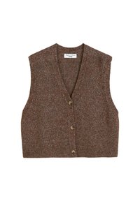 Brown wool vest with a V-neck, sleeveless design, featuring three buttons down the front and a textured knit pattern.
