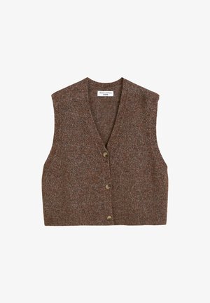 Brązowa wełniana kamizelka z dekoltem w serek, bez rękawów, z trzema guzikami z przodu i teksturowanym wzorem dzianiny.