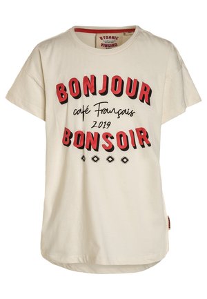 Beige lyhythihainen t-paita, jossa on punainen ja musta teksti: "BONJOUR BONSOIR," "café Français," "2019," sekä koristeellisia mustia timantin muotoisia kuvioita.