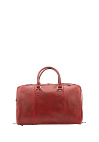 Sac de voyage en cuir rouge avec poignées arrondies, fermeture éclair et couture décorative. Texture lisse avec une légère brillance et sans motifs visibles.