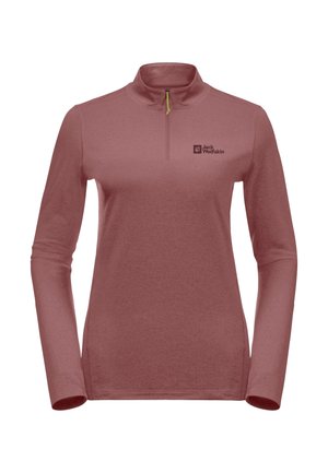 Jersey de manga larga en tono rosa polvoriento con cierre de cremallera parcial y logotipo de Jack Wolfskin en el pecho izquierdo, diseñado para uso al aire libre.