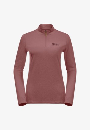 Bluza z długim rękawem w kolorze przydymionego różu, z półzamkiem do ćwiartki i logo Jack Wolfskin na lewej piersi, zaprojektowana do noszenia na zewnątrz.