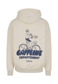 Hanorac bej deschis cu o ilustrație grafică albastră a unui ciclist care ține o băutură și textul "DEPARTAMENTUL CAFFEEINE". Textură moale.