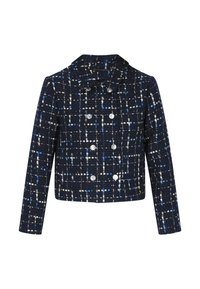 Jachetă din tweed bleumarin cu un model în grilă în nuanțe de albastru, alb și accente pastel. Are nasturi mari din argint și un guler.