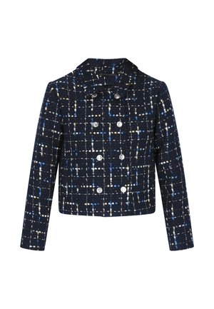 Tamsiai mėlynas audinio švarkas su tinklo raštu mėlynos, baltos ir pastelinių atspalvių spalvų kombinacijomis. Dvigubai užsegamas su dideliais sidabriniais mygtukais ir apykakle.