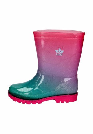 Child’s mid-calf rain boot with pink, purple, and green glitter gradient, textured sole, and "LICO" logo on the side.