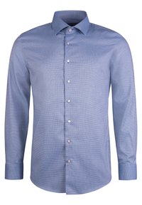 Camicia azzurro chiaro con tessuto testurizzato, maniche lunghe, colletto a punta e cinque bottoni lungo la parte anteriore. Finitura liscia.