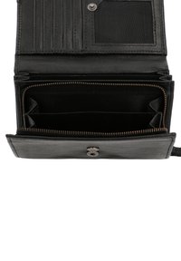 Black leather wallet featuring multiple card slots, a transparent ID pocket, zippered compartment, and snap-button closure. Smooth finish.