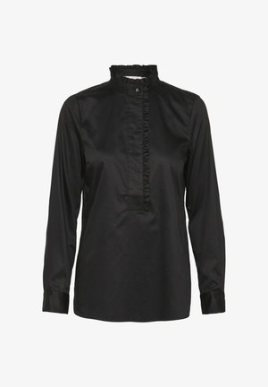 Must mustade pikkade varrukatega blouse, mis on valmistatud siledast kangast, koos volditud krae, esipaneeli nupukesega ja kohandatud mansettidega.