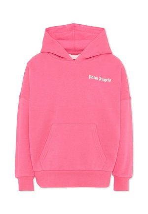 Jasnoróżowa bluza z kapturem z przednią kieszenią kangurka i białym napisem "Palm Angels" na górnej lewej piersi.