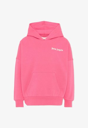 Felroze hoodie met voorkangoeroezak en witte "Palm Angels" tekst op de linkerborst.