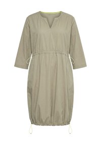 Licht olijfgroene knie-lange jurk met driekwart mouwen, V-hals, verstelbare trekkoorden bij taille en zoom, en losse pasvorm.