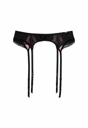 Zwarte lingeriegordel met een bloemenkantontwerp en roze accenten. Voorzien van verstelbare bandjes en golvende randen. Glad stoftextuur.