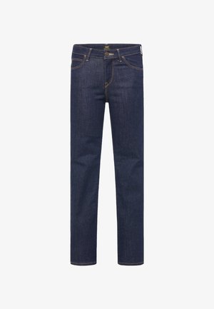 Dunkelblaue, eng anliegende Jeans aus Denim mit fünf Taschen, sichtbaren Kontrastnähten und Knopfverschluss in der Taille.