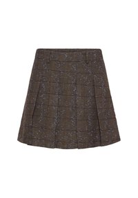 Brown plaid skirt made of textured fabric, featuring pleats, a waistband, and subtle blue accents in a herringbone pattern.