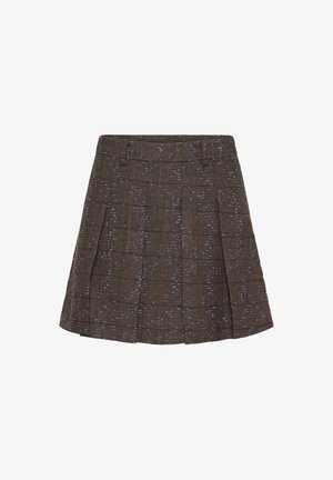 Brown plaid skirt made of textured fabric, featuring pleats, a waistband, and subtle blue accents in a herringbone pattern.