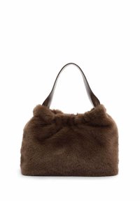 Brown faux fur handbag with a soft texture, rounded shape, cinched top, and a smooth leather handle for carrying.