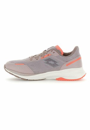 Light purple athletic shoe with mesh material, orange accents, padded collar, and white sole. Features a textured upper and logo design.