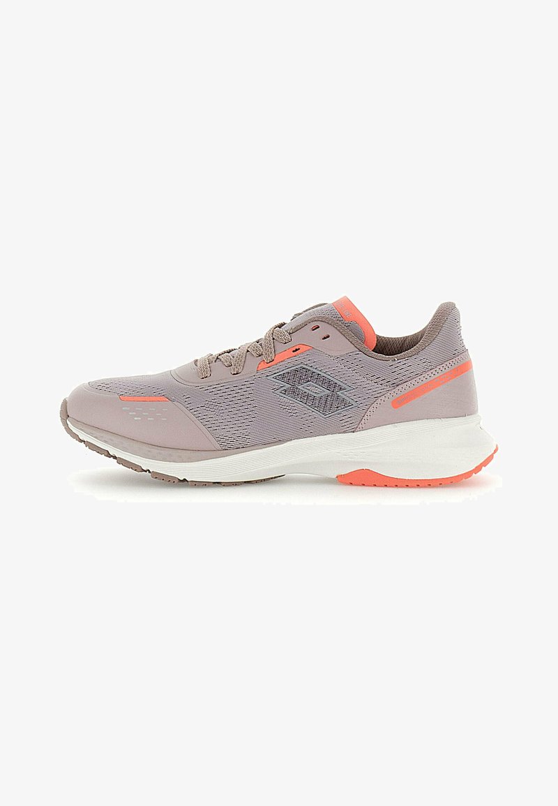 Light purple athletic shoe with mesh material, orange accents, padded collar, and white sole. Features a textured upper and logo design.