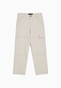 Beige cargo pants made of durable fabric, featuring multiple pockets, a straight cut, and contrasting stitching details.
