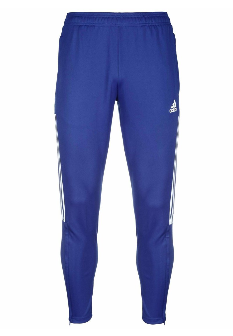 Blauwe sportbroek van gladde stof, met drie witte strepen langs de zijkanten, een aansluitende pasvorm en een elastische tailleband.