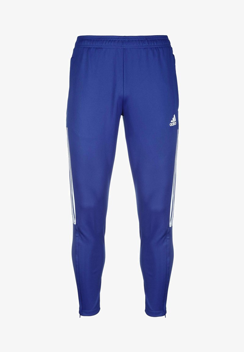Blauwe sportbroek van gladde stof, met drie witte strepen langs de zijkanten, een aansluitende pasvorm en een elastische tailleband.