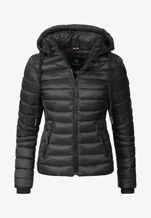 Black puffer jacket with a hood, featuring a zip front, two side pockets, and ribbed cuffs. Smooth, quilted texture with a fitted design.