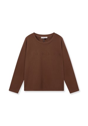 Braunes Langarmshirt aus weichem Stoff mit rundem Ausschnitt und dem Aufdruck "10 DAYS" in dunklerer Farbe auf der Vorderseite.