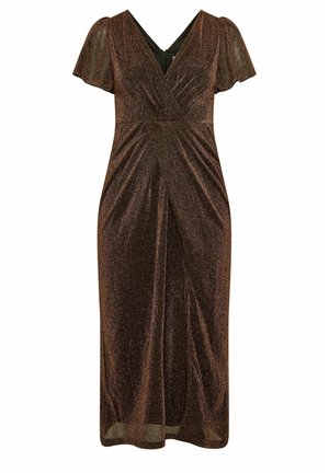 Robe midi brun foncé scintillante avec manches courtes volantes, encolure en V, taille cintrée et fente avant style cache-cœur.
