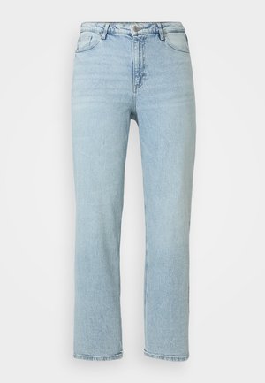 Lysblå lige ben denim jeans med frontknap og lynlås, samt bæltestropper og klassisk fem-lomme design.