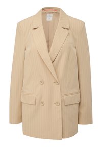 Béžové dvouřadé sako s tenkými bílými proužky, klopami s výřezem, dvěma předními kapsami s klopami a čtyřmi odpovídajícími knoflíky, velikost 36.