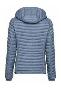Lyseblå, quilted pufferjakke med hætte. Har vandret syninger, elastiske manchetter, en strømlinet silhuet og en glat, blank finish.