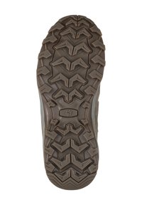 Suola di un boot da trekking marrone con profondi motivi di battistrada, caratterizzata da scanalature a zigzag e un logo a forma di impronta di zampa al centro. Materiale in gomma resistente.