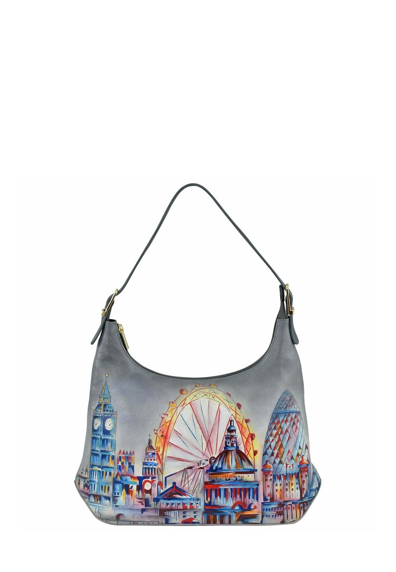 Grijze leren schoudertas met Londonse bezienswaardigheden, waaronder het Rad van Londen en de Big Ben, met kleurrijke geschilderde accenten en een gebogen ontwerp.