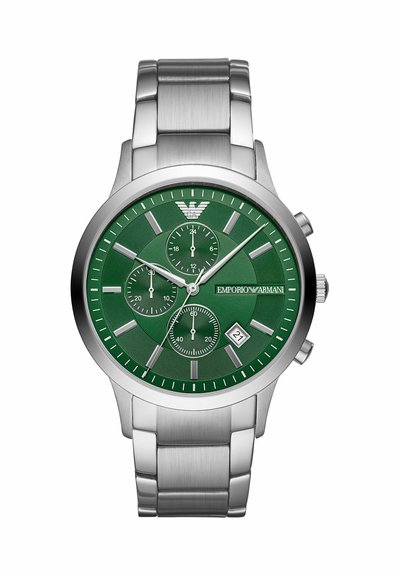 Silberne Metall-Chronograph-Armbanduhr mit grünem Zifferblatt, drei Totalisatoren, Datumsfenster und Emporio Armani-Logo bei 12 Uhr und auf dem Zifferblatt.