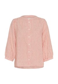 Blusa a rayas de botones en color coral claro y blanco, con cuello redondo, mangas tres cuartos y un corte relajado. Tejido de algodón.