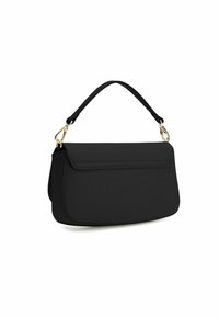Borsa nera realizzata in materiale liscio, con un design strutturato, dotata di un manico corto e dettagli in hardware dorato.