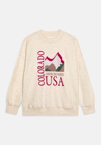 Beige mikina s grafikou hory v červené, zelené a hnědé barvě, s nápisy "COLORADO" a "ABERCROMBIE USA" v burgundské barvě.