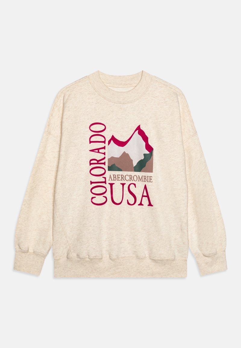 Beige mikina s grafikou hory v červené, zelené a hnědé barvě, s nápisy "COLORADO" a "ABERCROMBIE USA" v burgundské barvě.