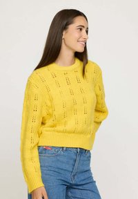 Jeune femme aux longs cheveux bruns souriant, portant un pull en laine jaune et un jean bleu, se tenant devant un arrière-plan léger uni.