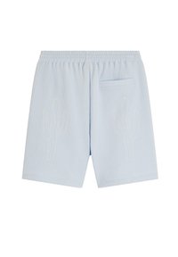 Shorts blu chiaro con texture a waffle, dotati di vita elastica, con ricamo di cactus bianchi sul davanti e una tasca posteriore.