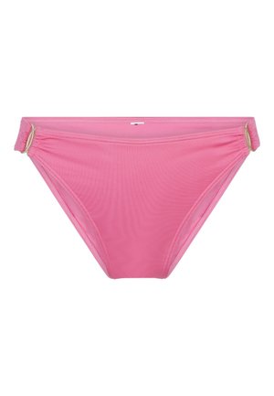 Fondo bikini rosa realizzato in tessuto morbido con arricciature laterali e dettagli in lega dorata. Forma classica a slip con finitura senza cucitura.